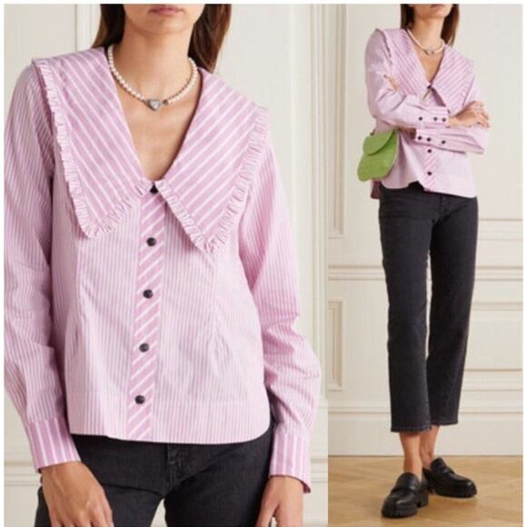 Ganni Tops - Ganni striped oversized collar blouse preppy feminine Top Pink casual Size 38/M